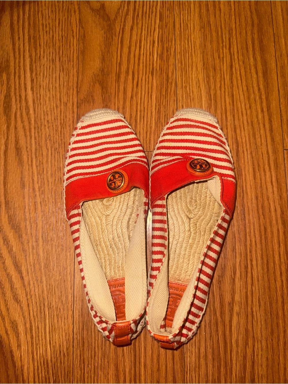 Tory Burch Red and Cream Striped Espadrille Flats
